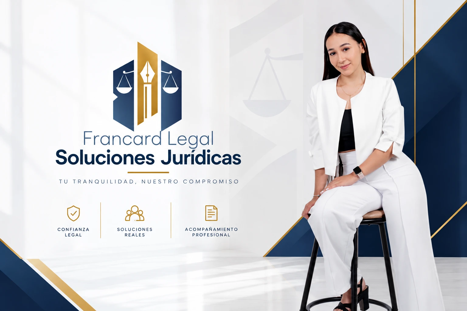 Abogada de Francard Legal – Soluciones Jurídicas, sentada y vestida de blanco. Junto al logo: «Tu tranquilidad, nuestro compromiso».